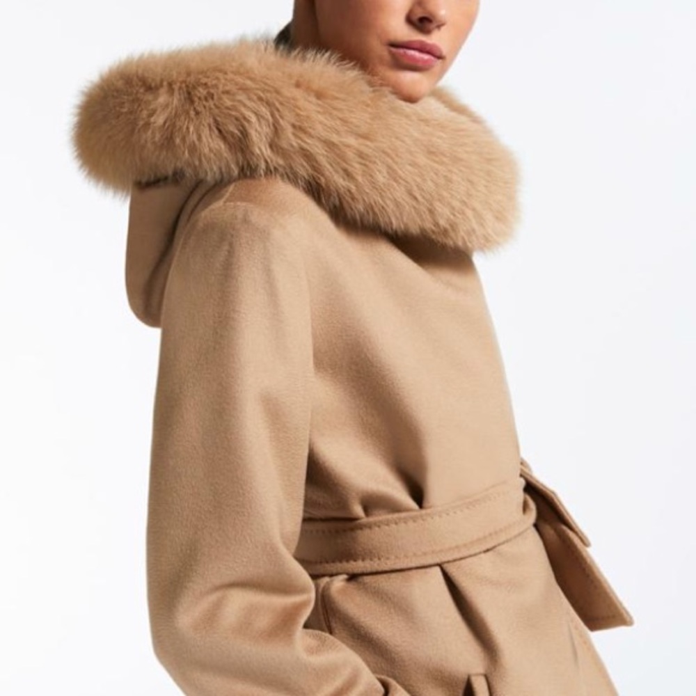 Max mara fur trim wrap camel wool coat jacket